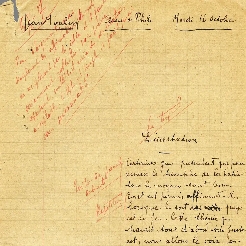 Dissertation de Jean Moulin, rédigée le 16 octobre 1915 © mairie de Bordeaux, collection Centre national Jean Moulin