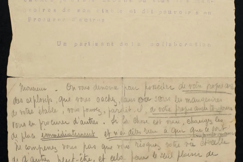 Un exemple de lettre de dénonciation anonyme, papier, impression et manuscrit, 1943 – 1944 © Lysiane Gauthier - Mairie de Bordeaux, collection Centre national Jean Moulin