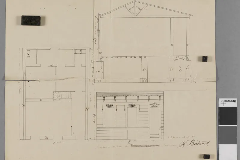 L’échoppe simple : façade, plan et coupe © Archives de Bordeaux Métropole, Bordeaux 50 O 133