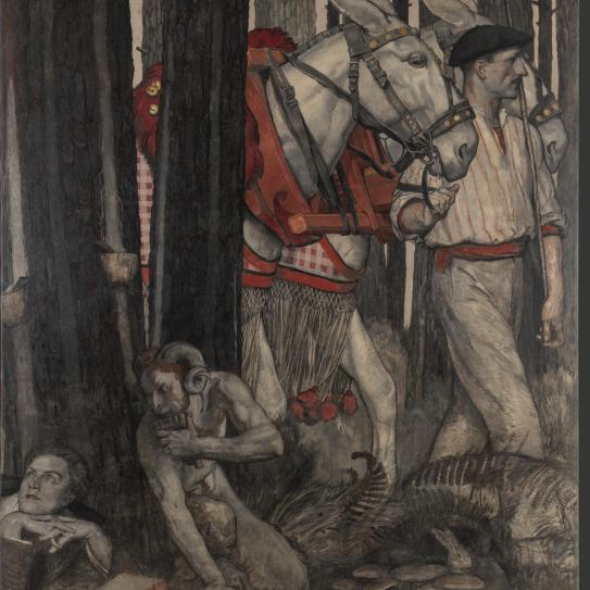 Ce tableau met en scène un homme tirant des chevaux dans la forêt landaise