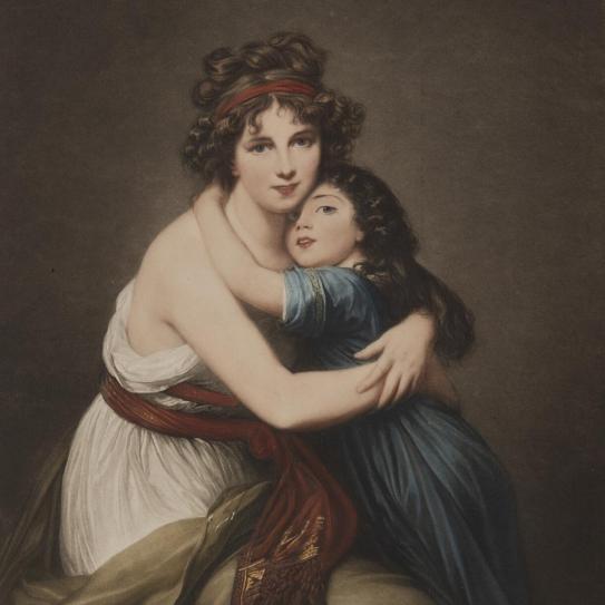 Gravure d'une dame serrant sa fille dans ses bras