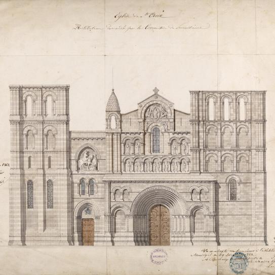 Dessin de Paul Abadie montrant le projet de restitution de la façade de l'église Sainte-Croix. 