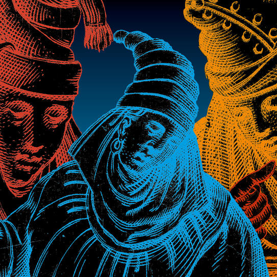 Visuel de l'affiche avec 3 personnages en couleur extraits de gravure du 16e siècle