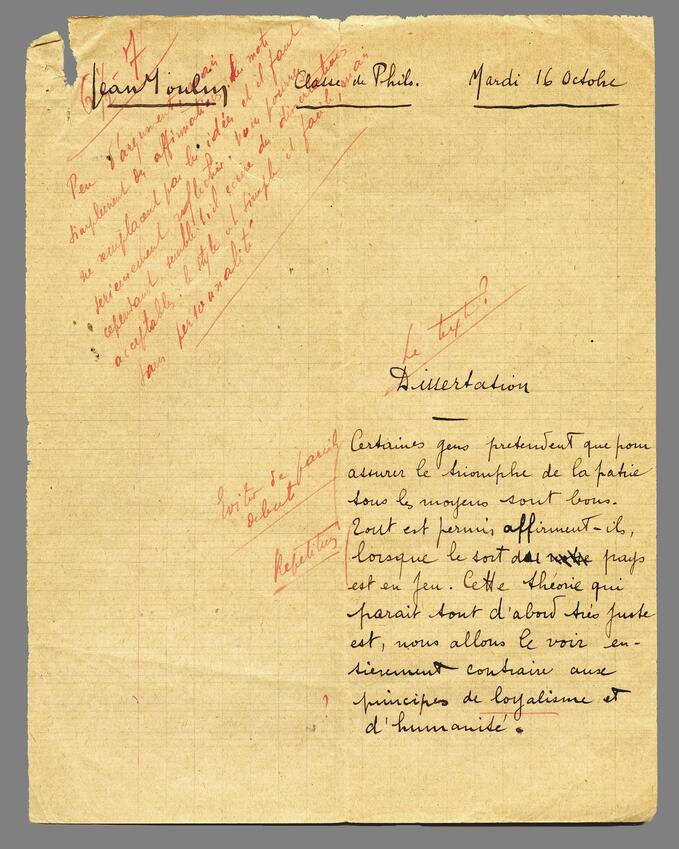 Dissertation de Jean Moulin, rédigée le 16 octobre 1915 © Mairie de Bordeaux, collection Centre national Jean Moulin