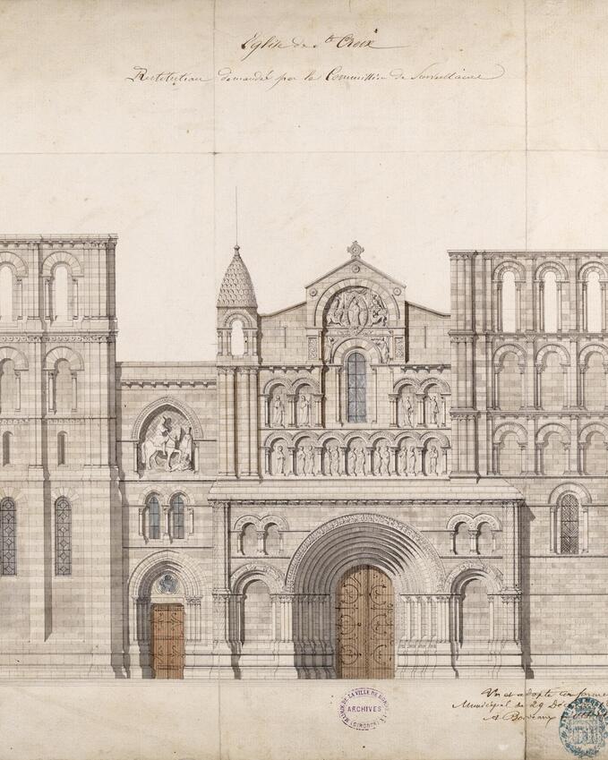Dessin de Paul Abadie montrant le projet de restitution de la façade de l'église Sainte-Croix. 