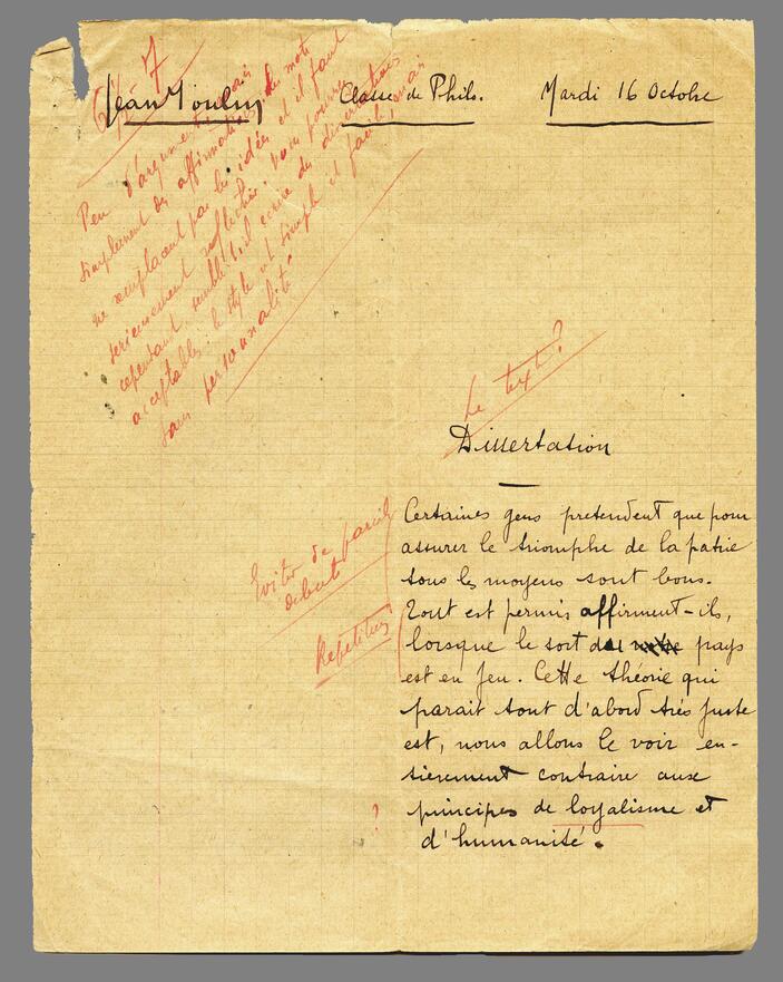 Dissertation de Jean Moulin, rédigée le 16 octobre 1915 © Mairie de Bordeaux, collection Centre national Jean Moulin