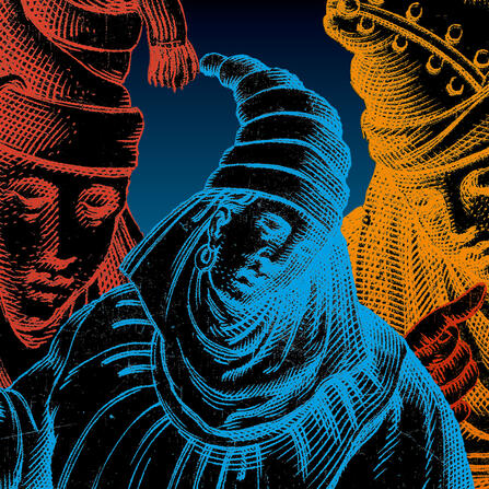 Visuel de l'affiche avec 3 personnages en couleur extraits de gravure du 16e siècle