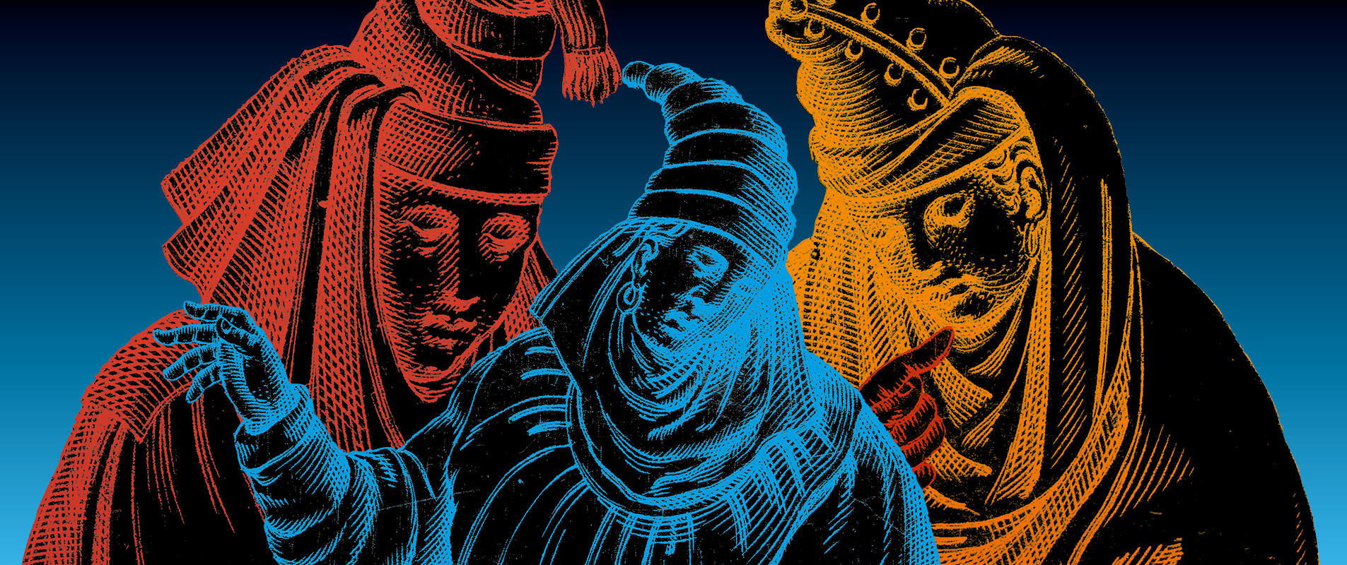Visuel de l'affiche avec 3 personnages en couleur extraits de gravure du 16e siècle