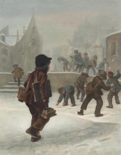 Ce tableau met en scène des enfants en pleine bataille de boules de neige